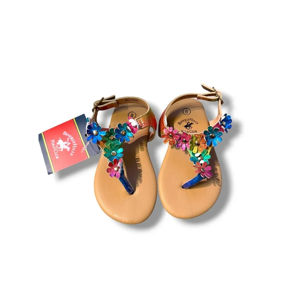 Beverly Hills Polo Club Sandals Toddler Sz 8 Rainbow‎ Floral Glitter T Strap NEW