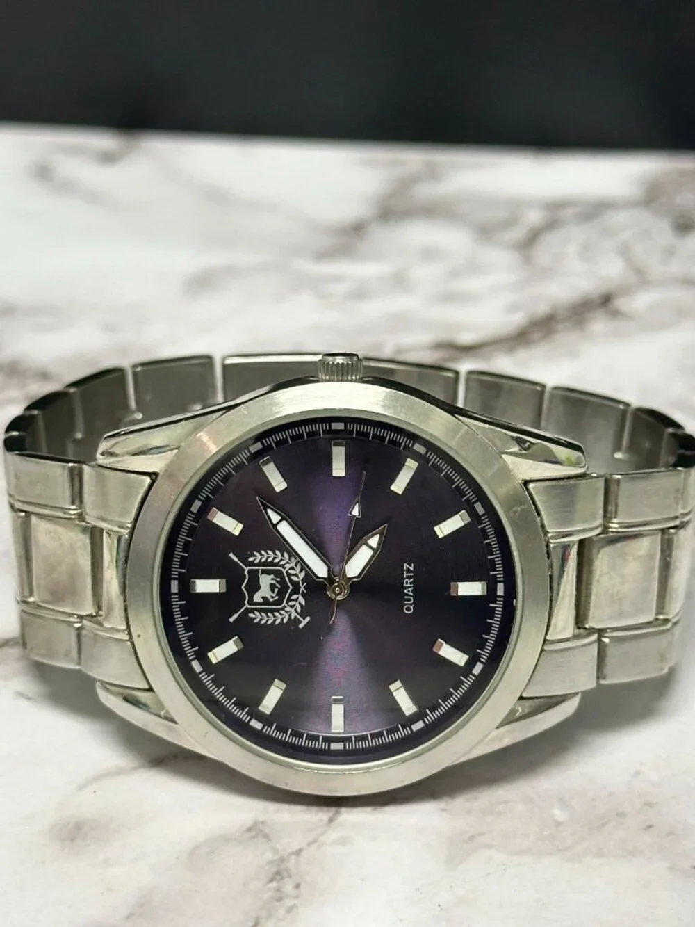 3/$30 Accutime Watch Men Silver Tone Purple Round 42MM Dial New Battery 8.5 Inch