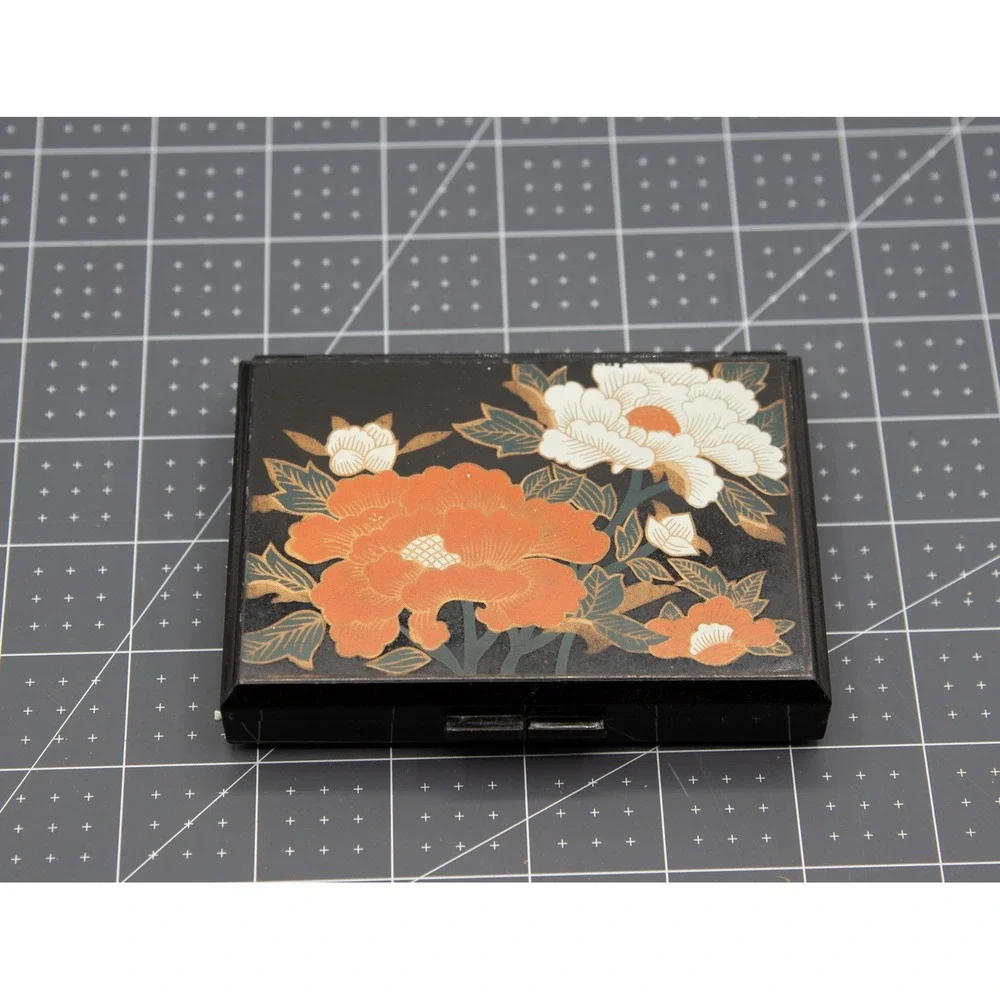 Vintage Style Floral Peony Makeup Compact Mirror‎ Case Black Orange White Gold