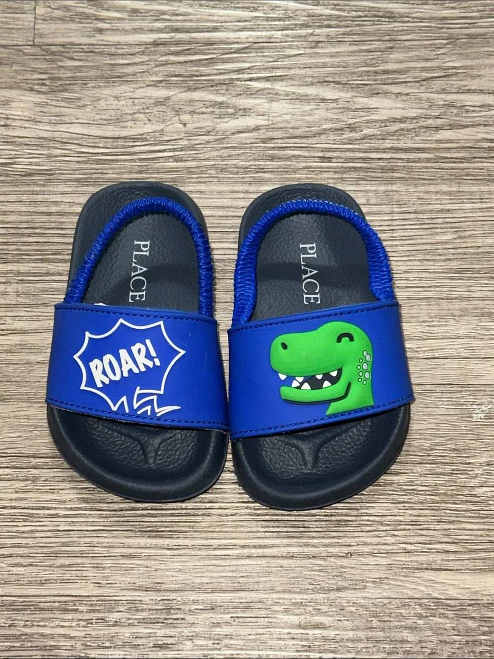 The Children's Place Blue Slide Sandals with Green Dinosaur and 'ROAR'