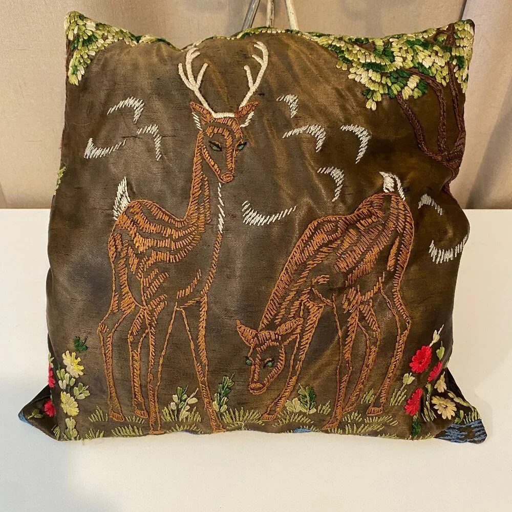 Vintage‎ Brown Satin Pillow – Hand Embroidered Deer Forest Cabin 13x13