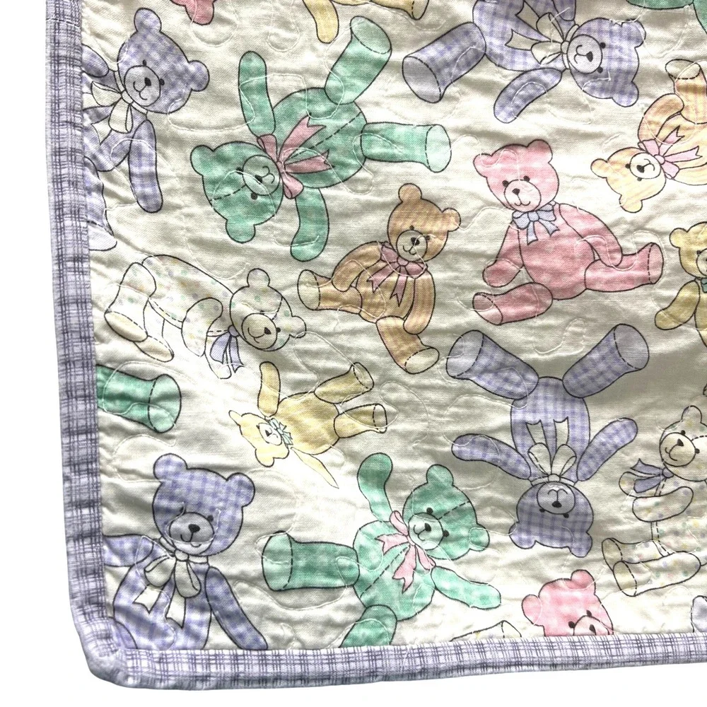 Vintage Handmade Teddy Bear Baby Blanket Quilt Purple Multicolor 52