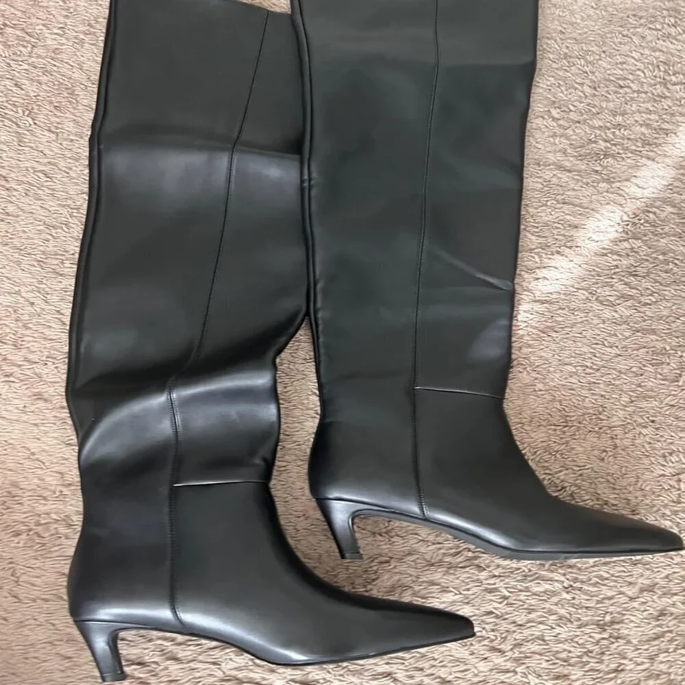 🆕Women Black-wide Calf Polyurethane Over the Knee Pointed Toe Block Heel Boot
