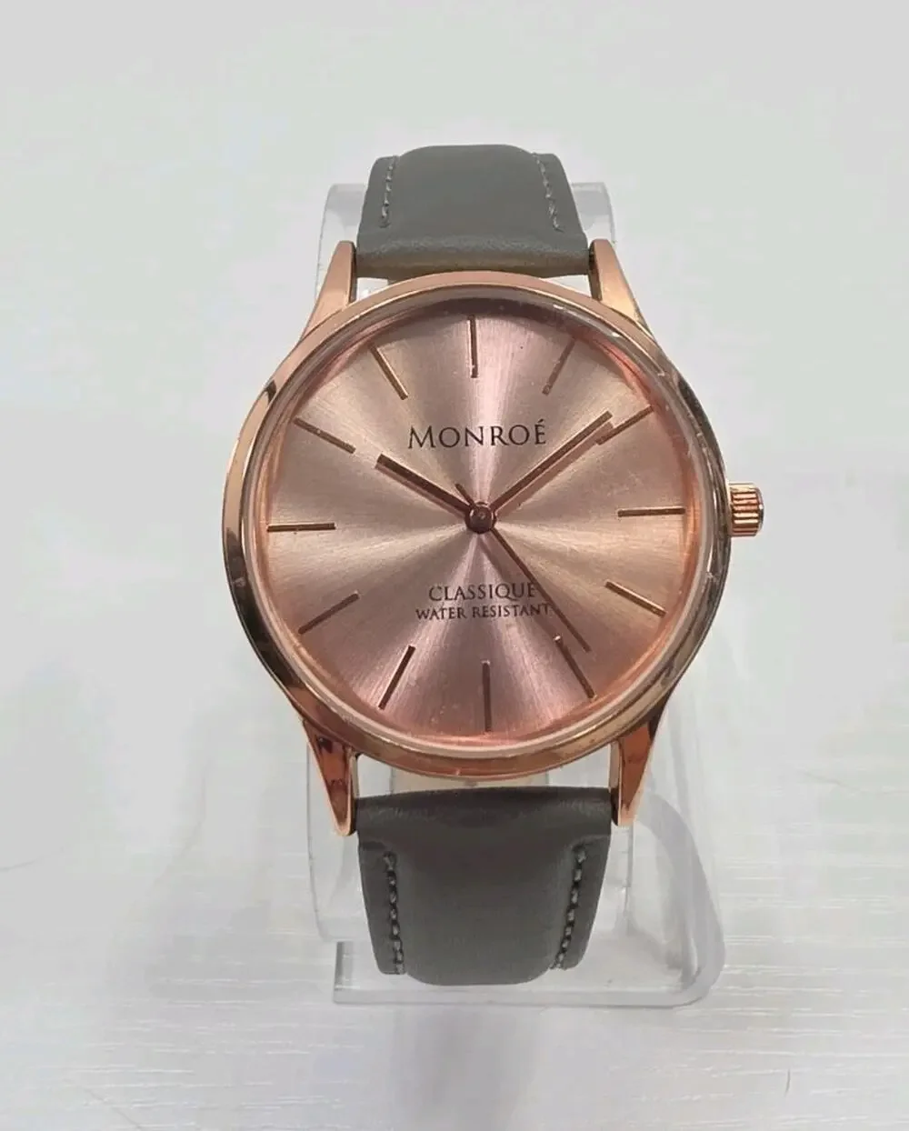 Ladies Monroe by Maestro Rose Gold Tone Watch Gray Leather Band New Battery W283