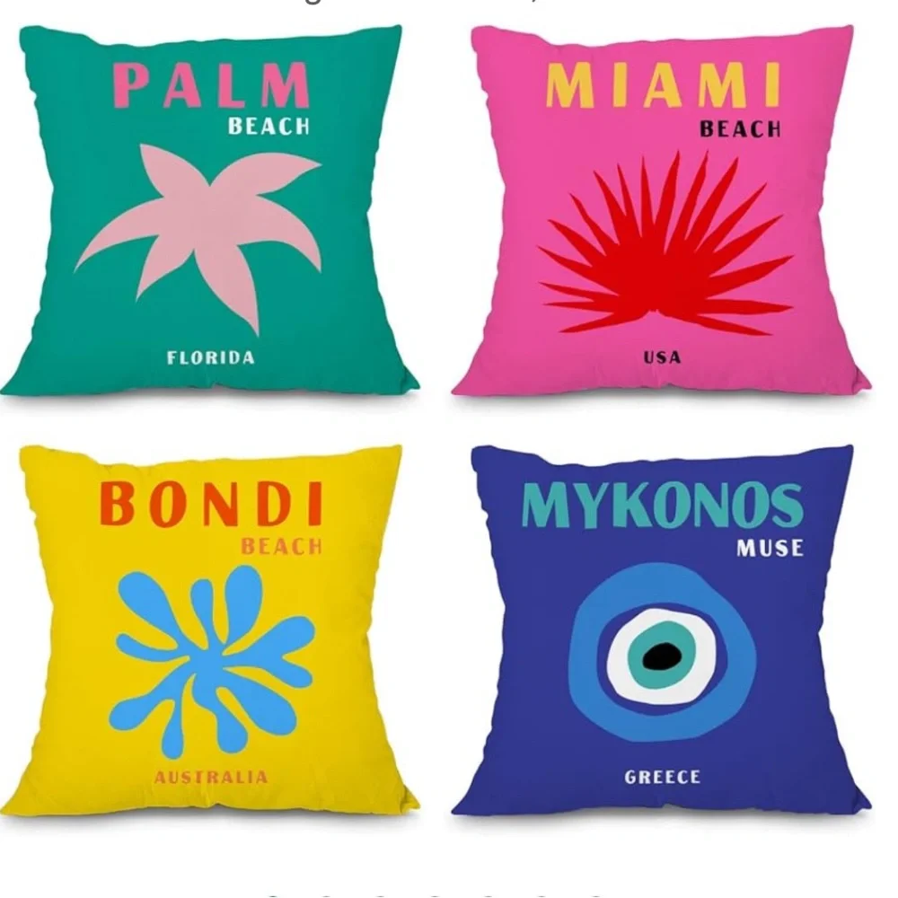 Set of 4 Decorative Miami Beach, Palm Beach, Bondi Beach & Mykonos Pillows