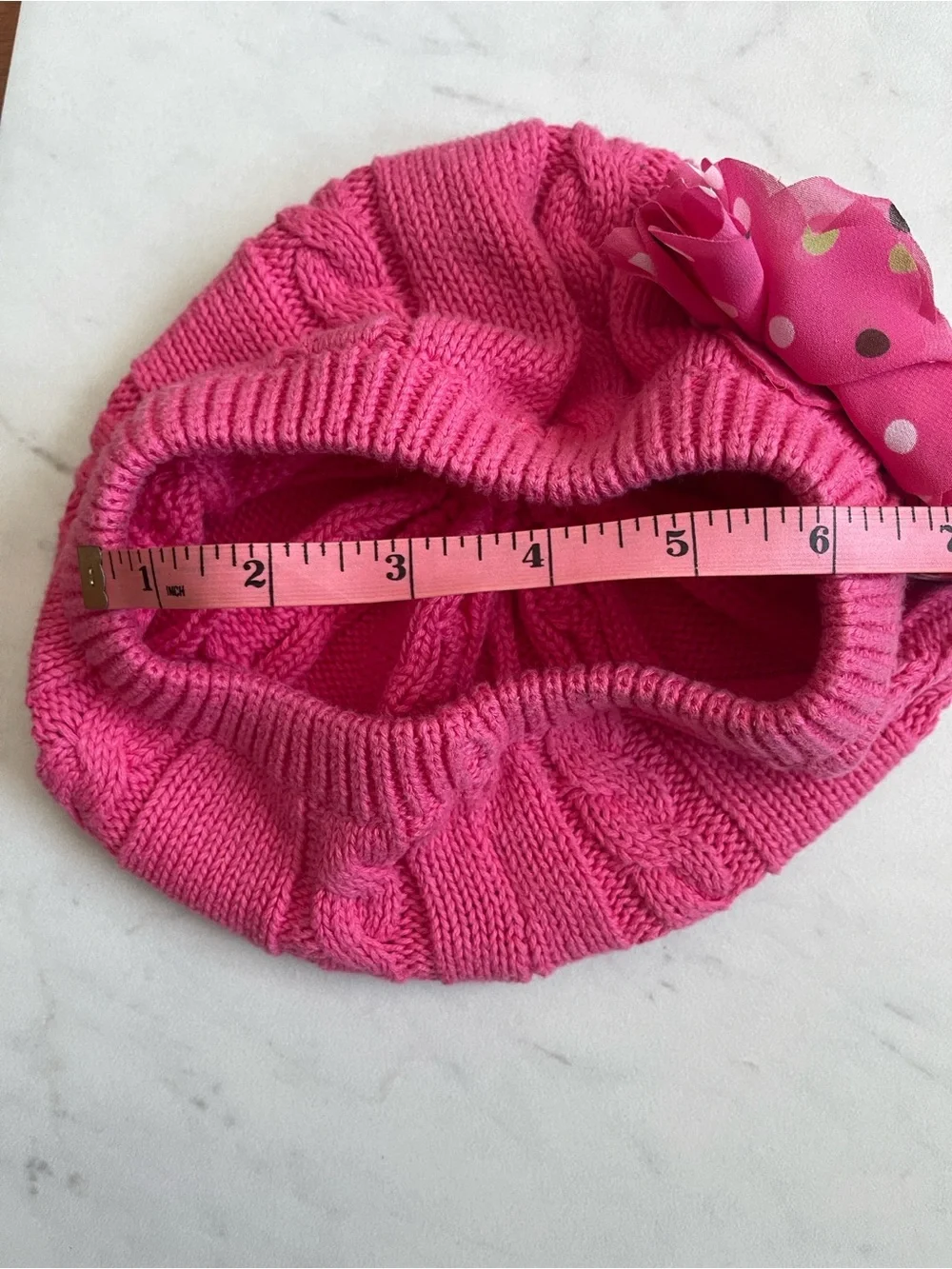 Gymboree Bright Pink Knit Beanie with Polka Dot Flower
