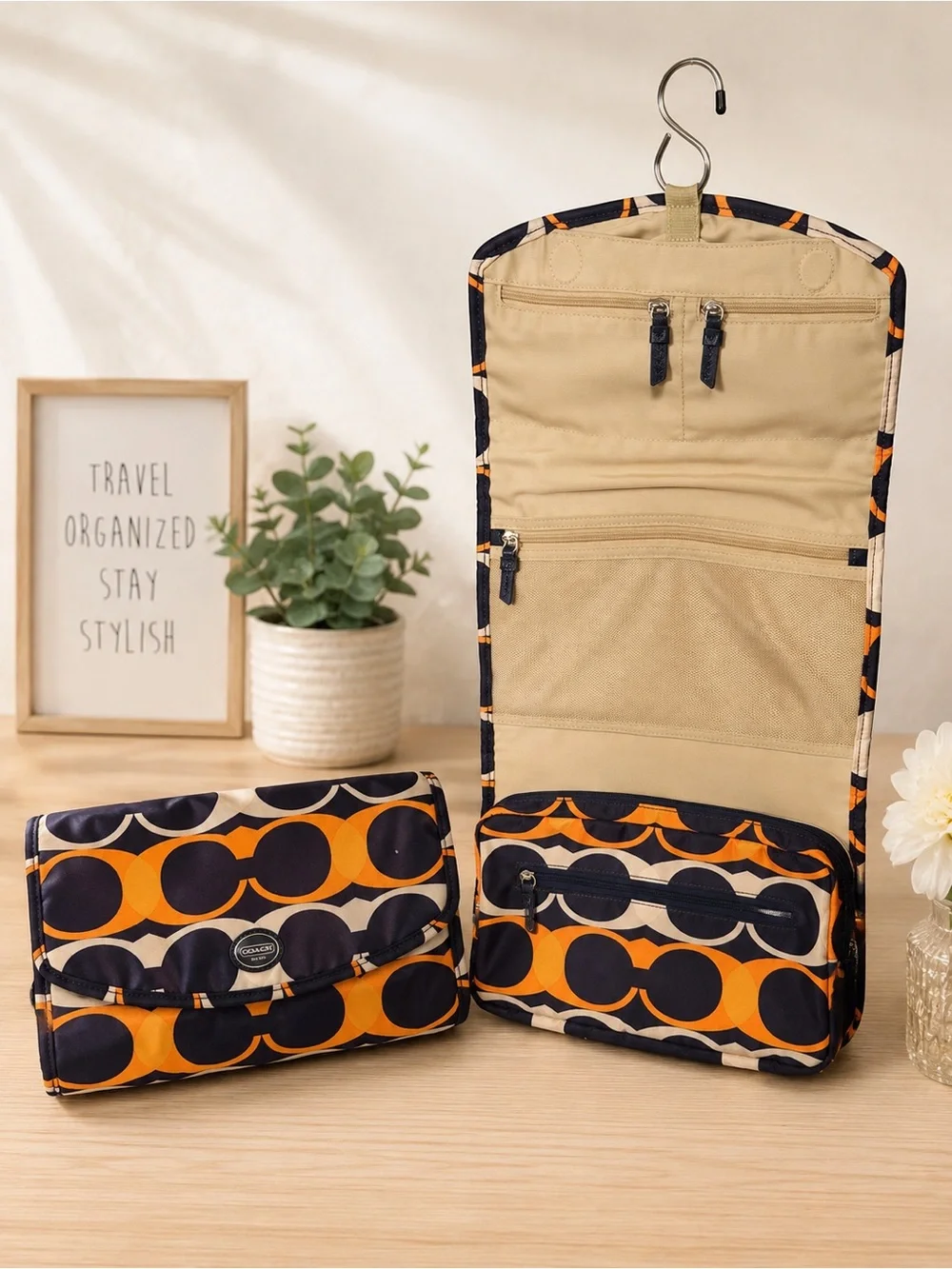 Coach Hanging Travel Organizer Toiletry Bag Signature Print Orange/Purple