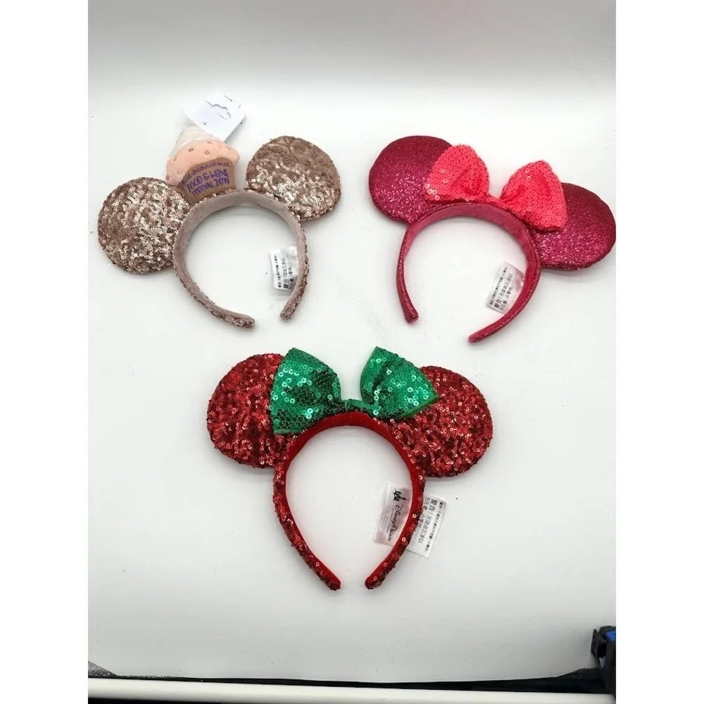 Disney Parks Minnie Mouse Ears Headband Sequin‎ Bow Lot 3 Authentic Food & Wine