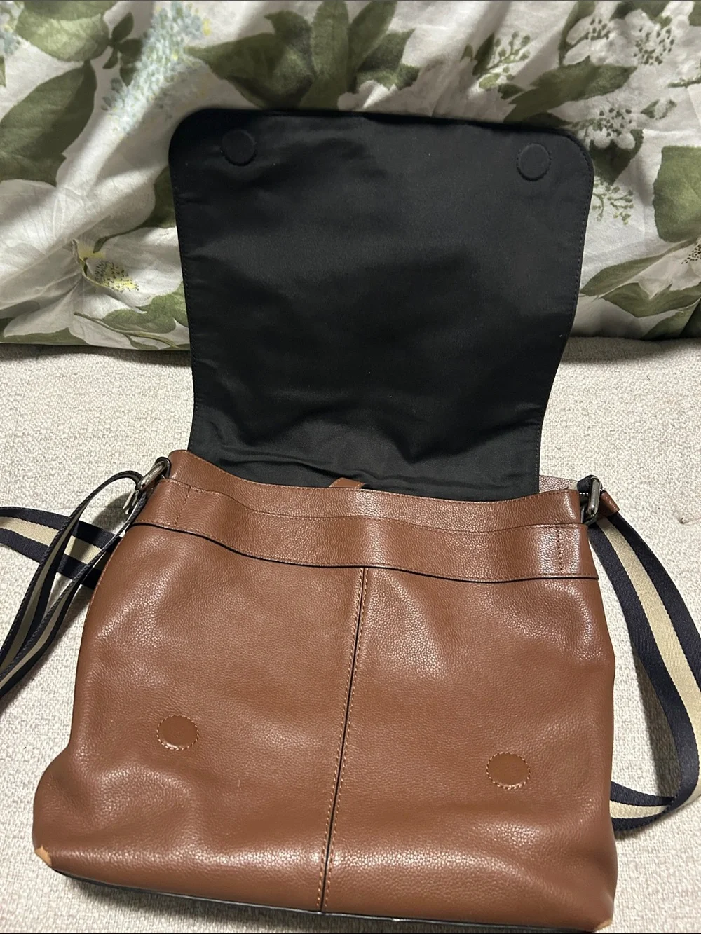 Coach Brown Leather Messenger Bag with Striped Strap