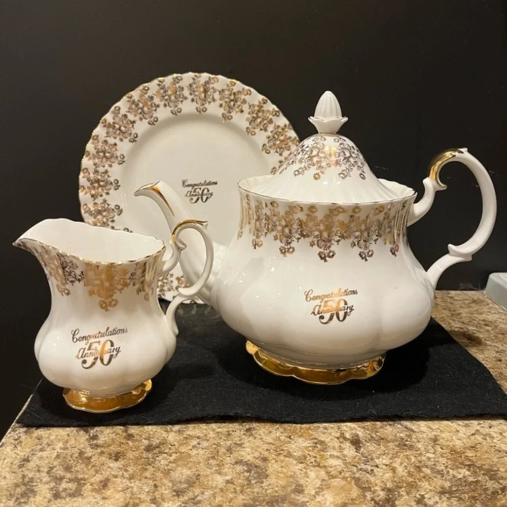 Vintage Royal Albert 50th Anniversary 6 C Teapot, Creamer and Plate, England