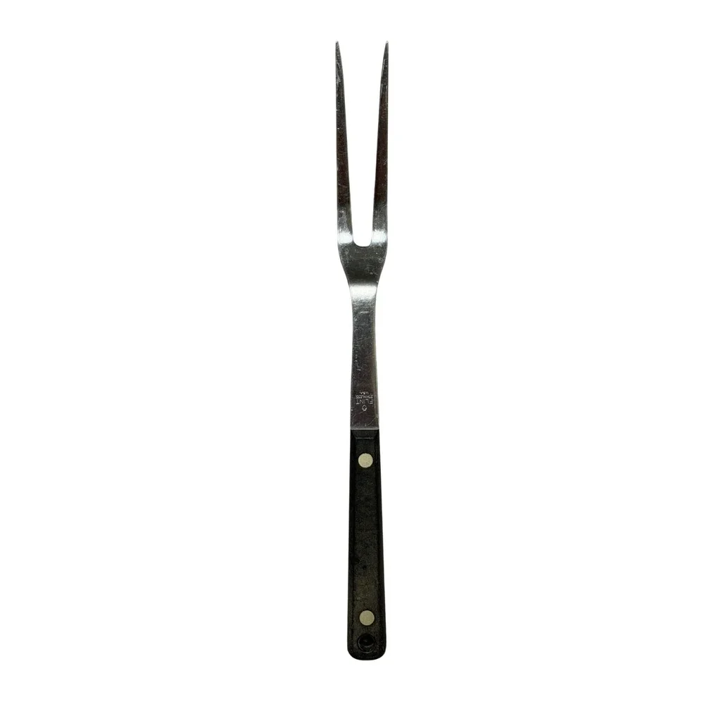 Vintage Ekco Flint Stainless Steel Meat Carving Fork 2 Tine Black Handle USA