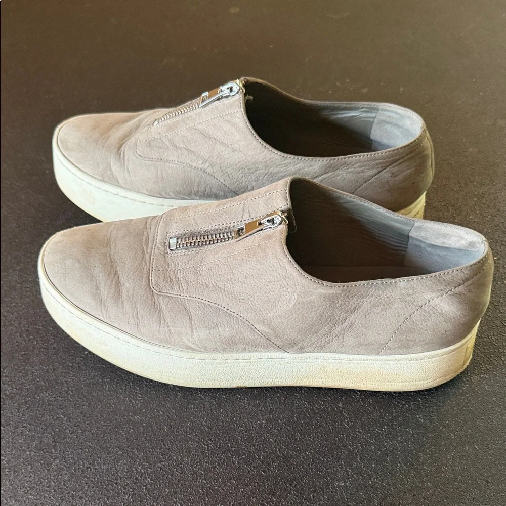 Vince Taupe Slip-On Leather Sneakers with Top Zipper