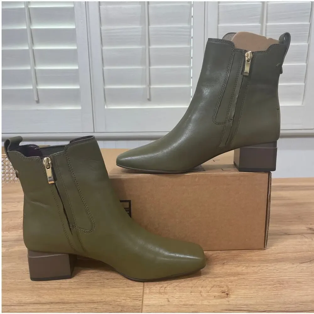 Franco Sarto Waxton Chelsea Boot Olive Green Leather Size 6.5 NIB Square Toe