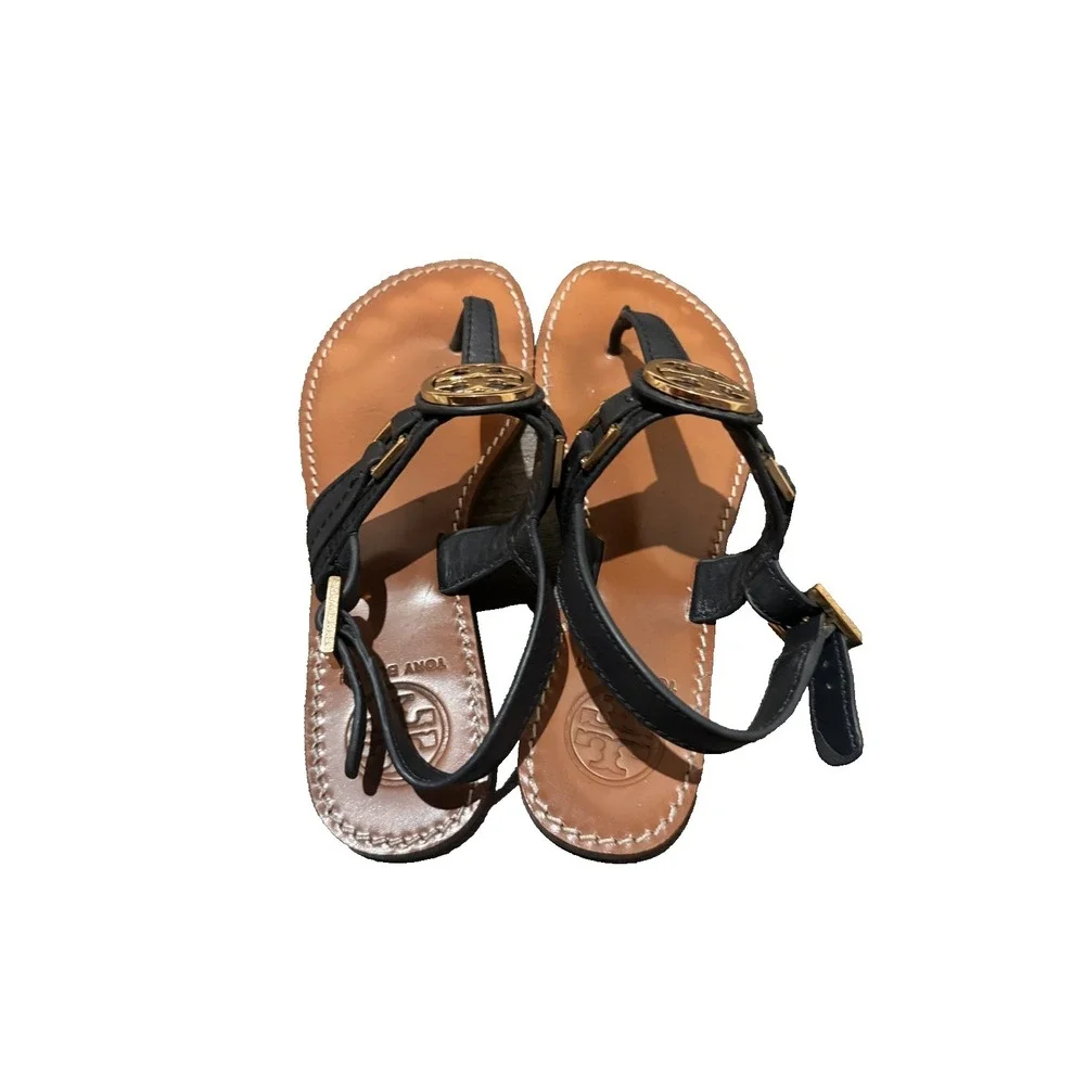 Tory Burch emmy  T-Strap Leather sandals black 6 flats Gold medallion logo shoes