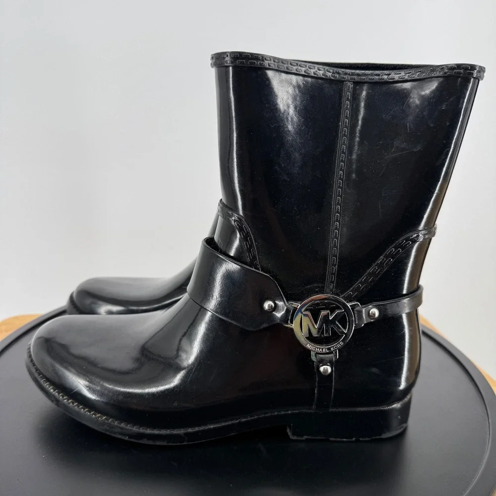 Michael Kors Black Rubber Rain Boots MK Logo Harness Moto Mid Calf Womens 8