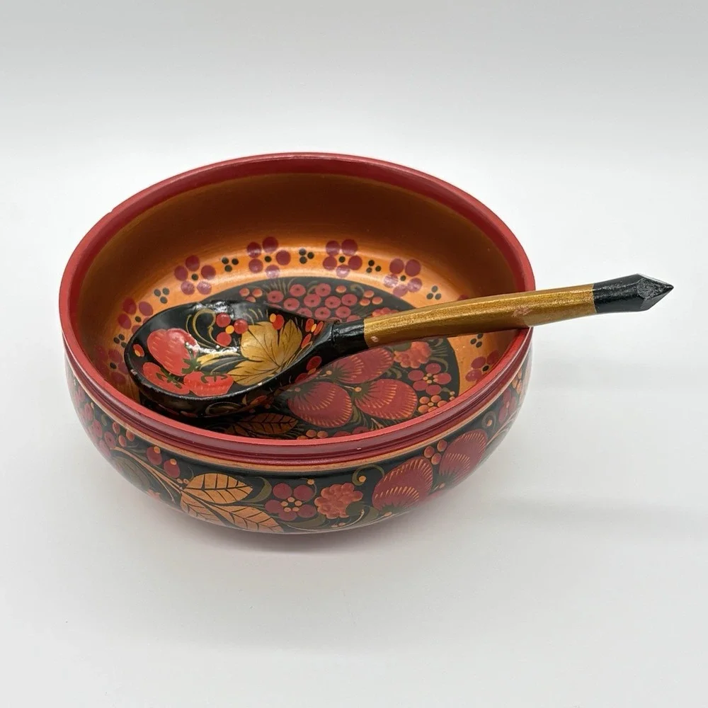 Russian Art Khokhloma Wooden Bowl Matching Spoon Traditional Floral Berry Design