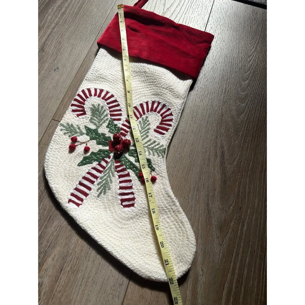 Pottery Barn Candy Cane Crewel Stitch Christmas Stocking Red Velvet Cuff 5751426