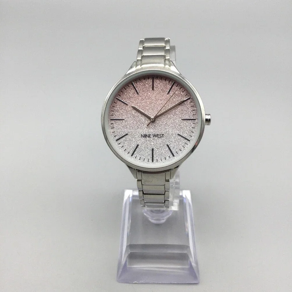 Nine West Womens Watch 36mm Silver Tone Pink Glitter Dial NW23837 New Battery 7