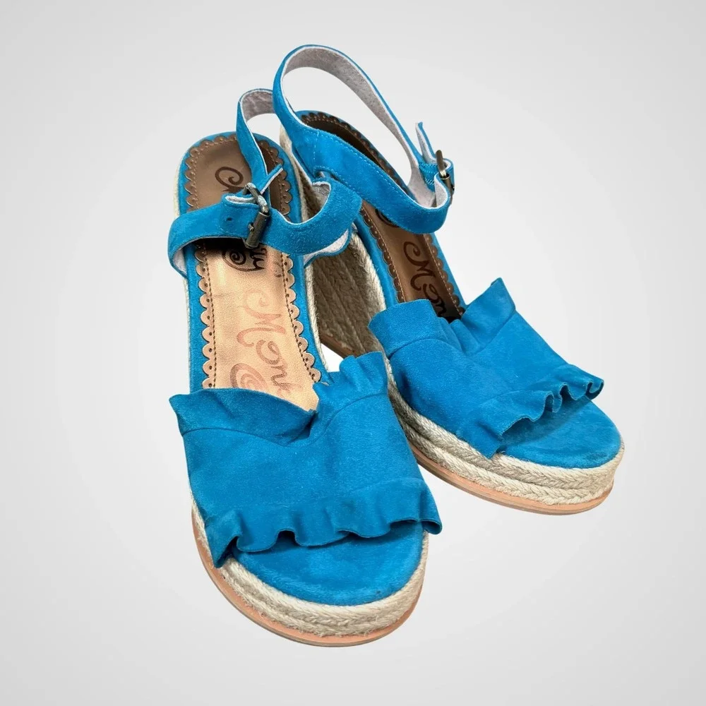 Naughty‎ Monkey Blue Suede Leather Ruffle Espadrille Wedge Sandals Women's 8