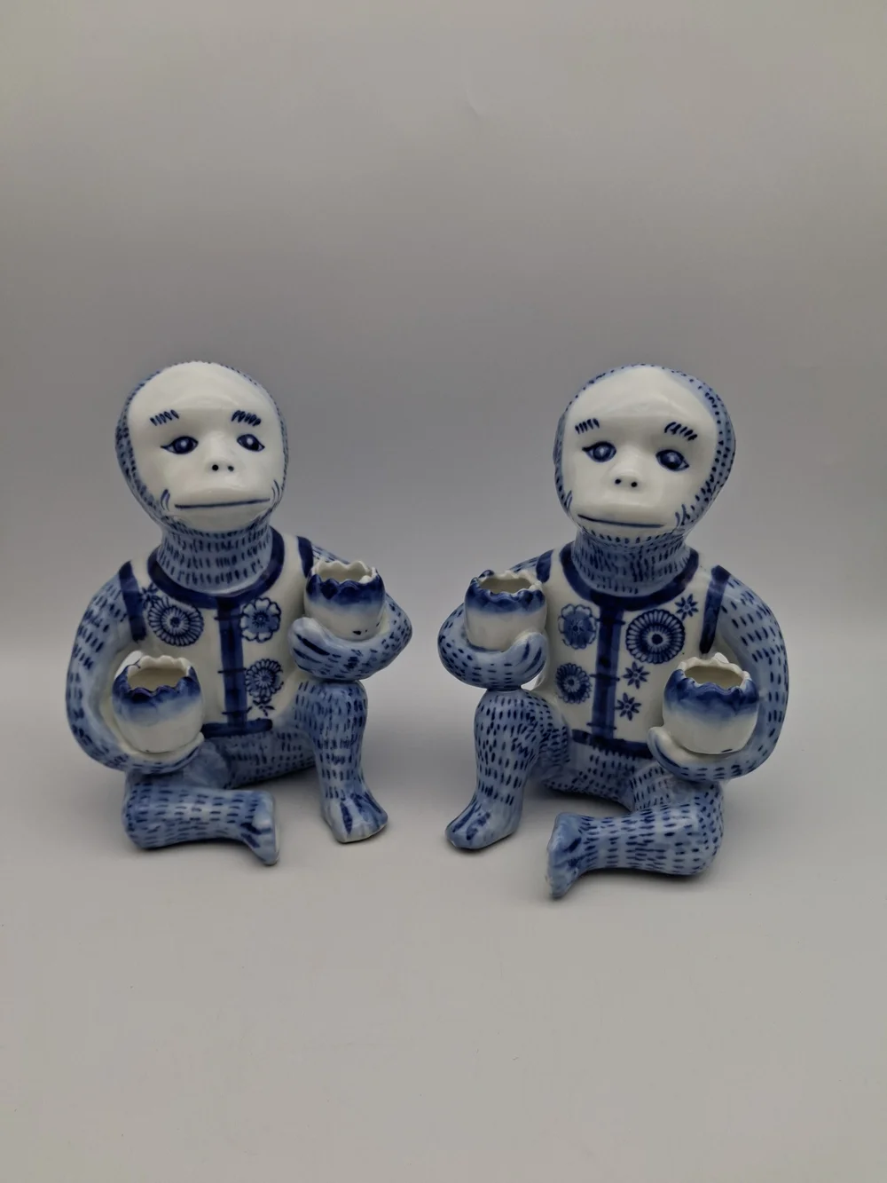 Blue and White Ceramic Monkey Candle Holder - Set of 2 - Signed