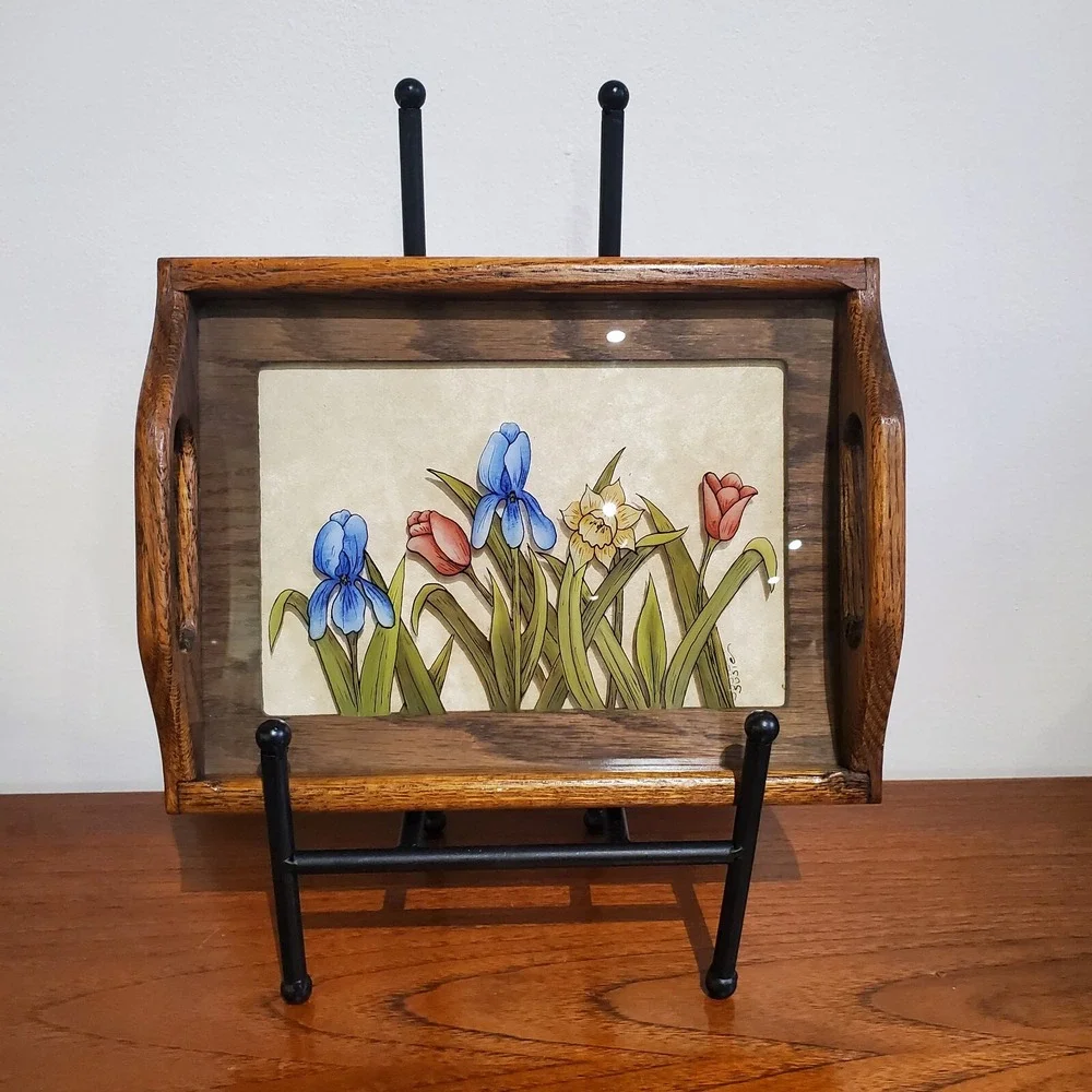 Reverse-Painted glass floral‎ wooden tray by Susie Kostka