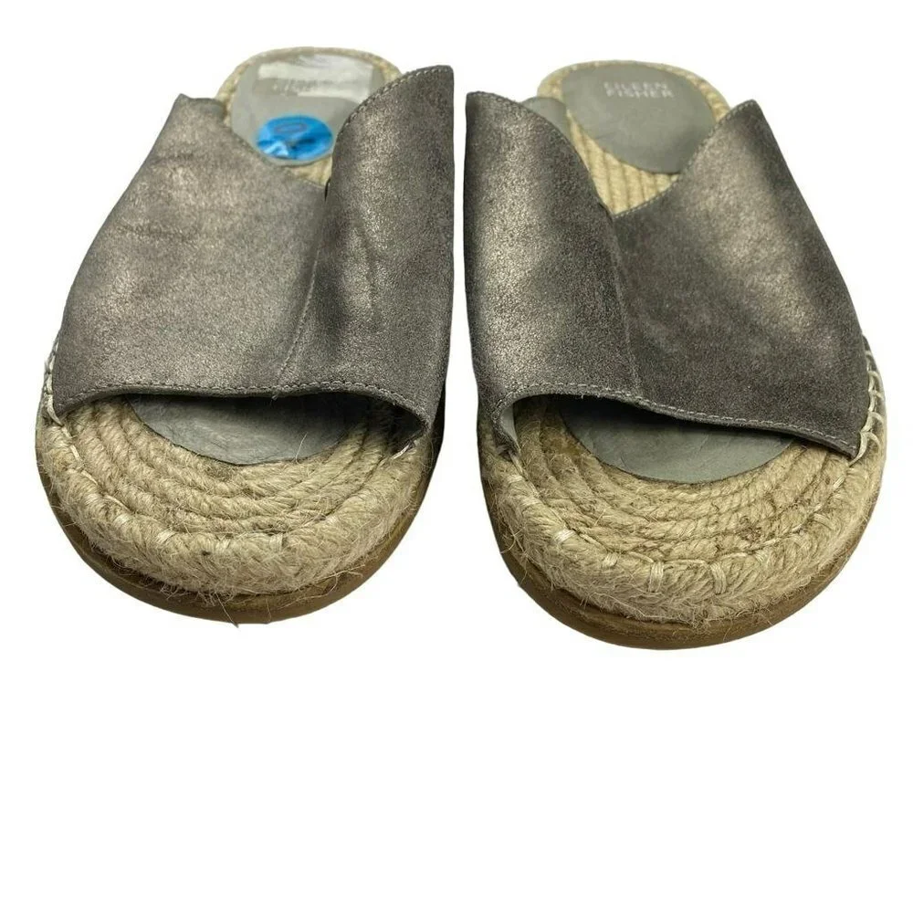 Eileen Fisher‎ Metallic Pewter Milly Mule Espadrille Leather Open Toe Sandals 10