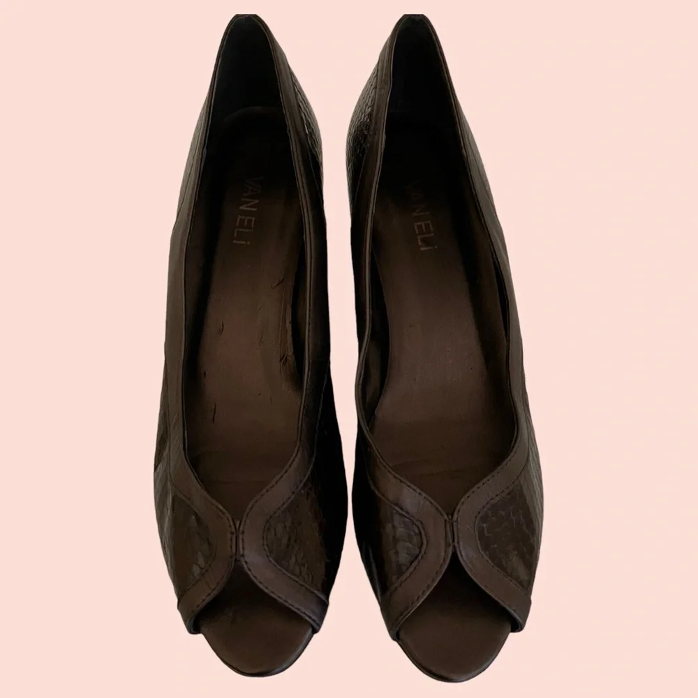 Van Eli Brown Leather Snakeskin Texture Open Toe Wedge Heel Pump 9.5 N