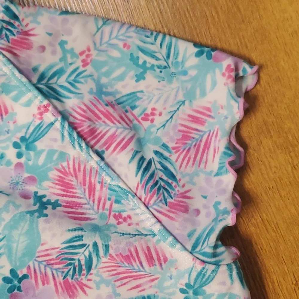 More Than Magic One‎ Piece Aqua and Pink Leaves Zip Up Swimsuit Size Girls 7-8