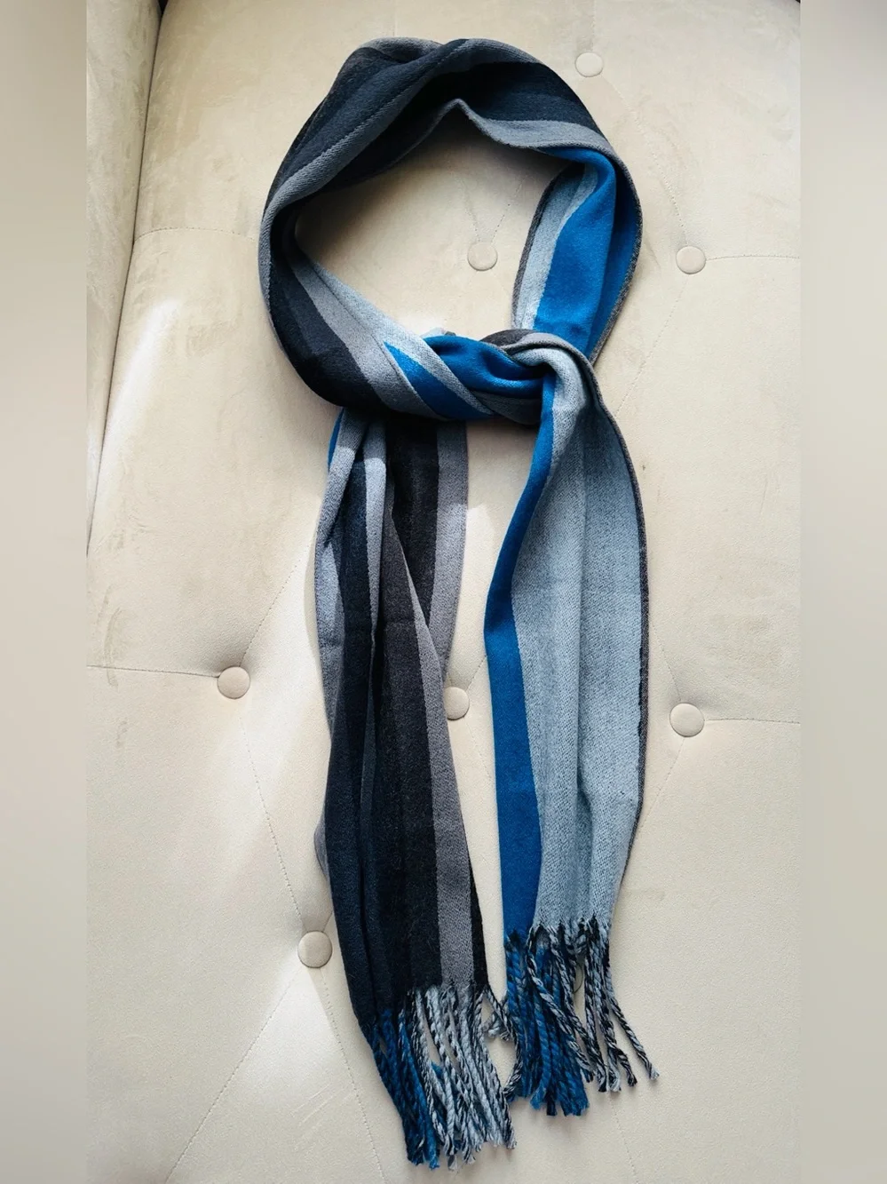 Coach wool silk cashmere Striped Scarf in Blue, Gray & Black