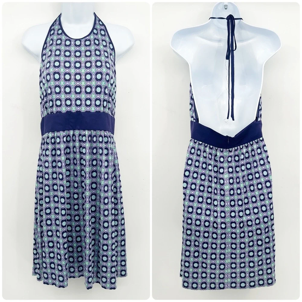 Tory Burch Womens Retro Geometric Print 100% Silk Halter‎ Dress Purple Size L