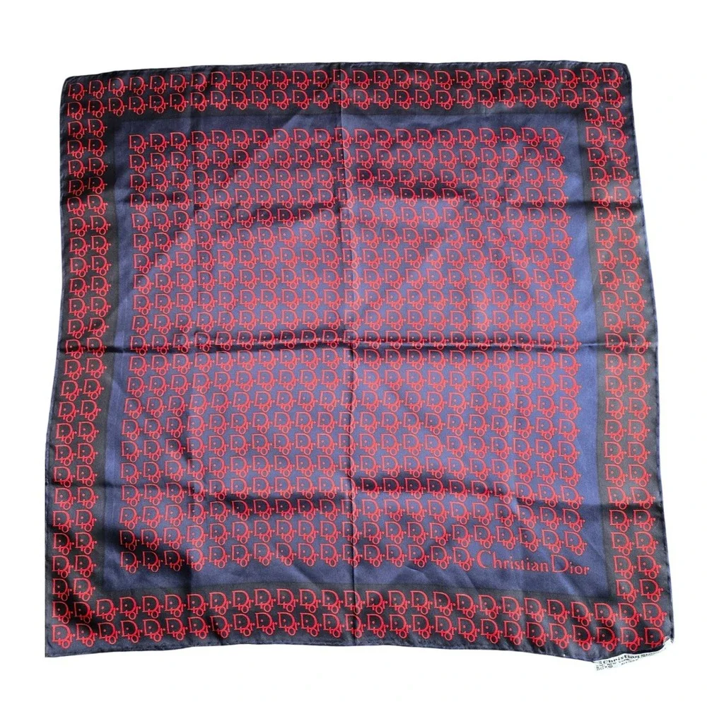 Christian Dior Vintage Silk Scarf Navy Blue Red Trotter Oblique Logo Scarf