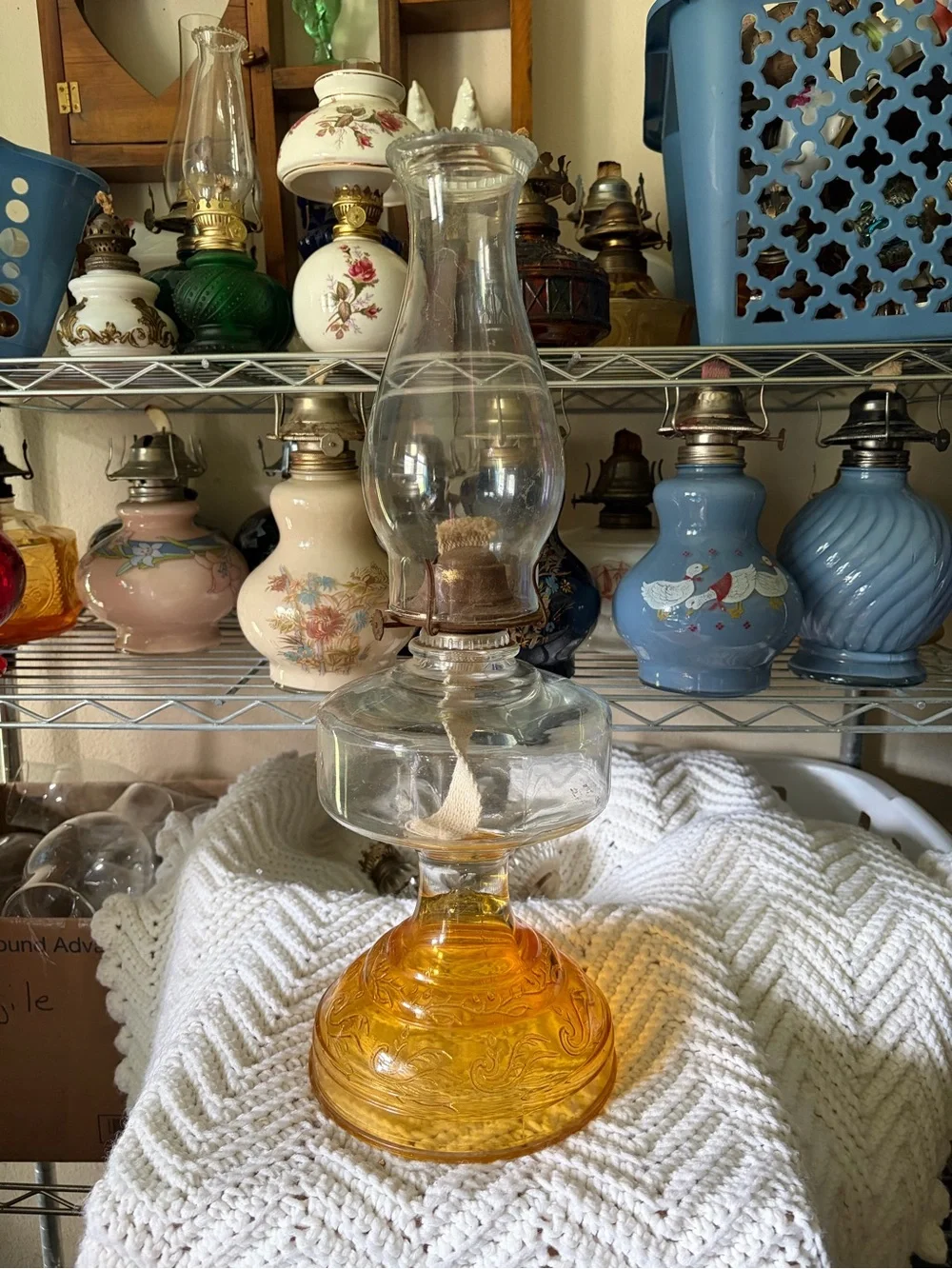 Vintage Amber Glass Oil Lamp - Amber and Clear