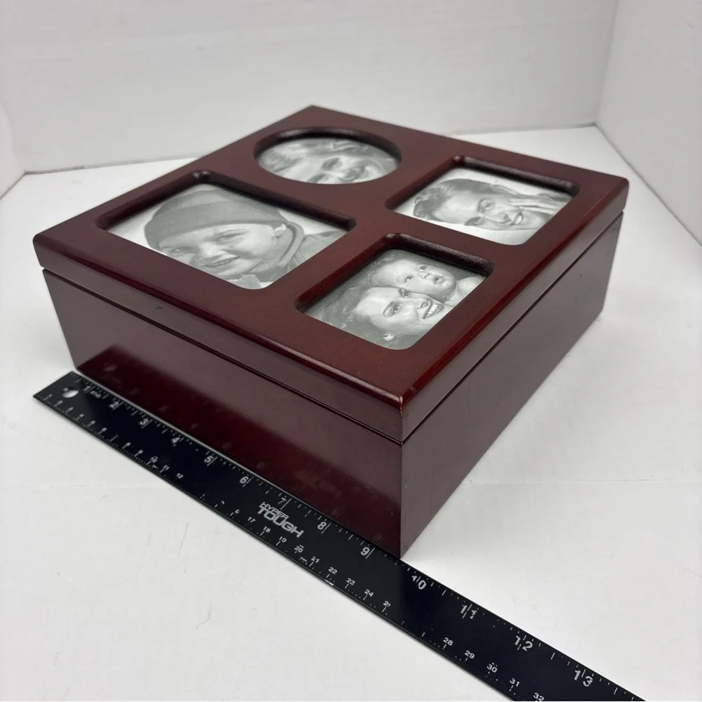 Photo Wood Box Glass Four Photo Lid Collectible Memory Keepsake Holder Storage