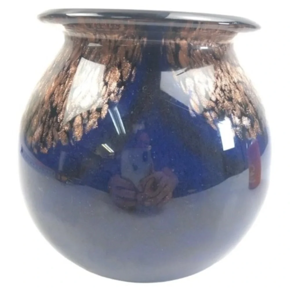 Vintage Dale Tiffany Favrile Cobalt Blue Art Glass Vase Copper Aventurine Rim 6
