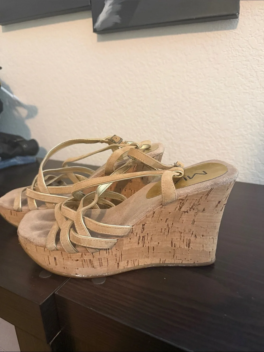 MIA Gold and Tan Cork Wedge Sandals