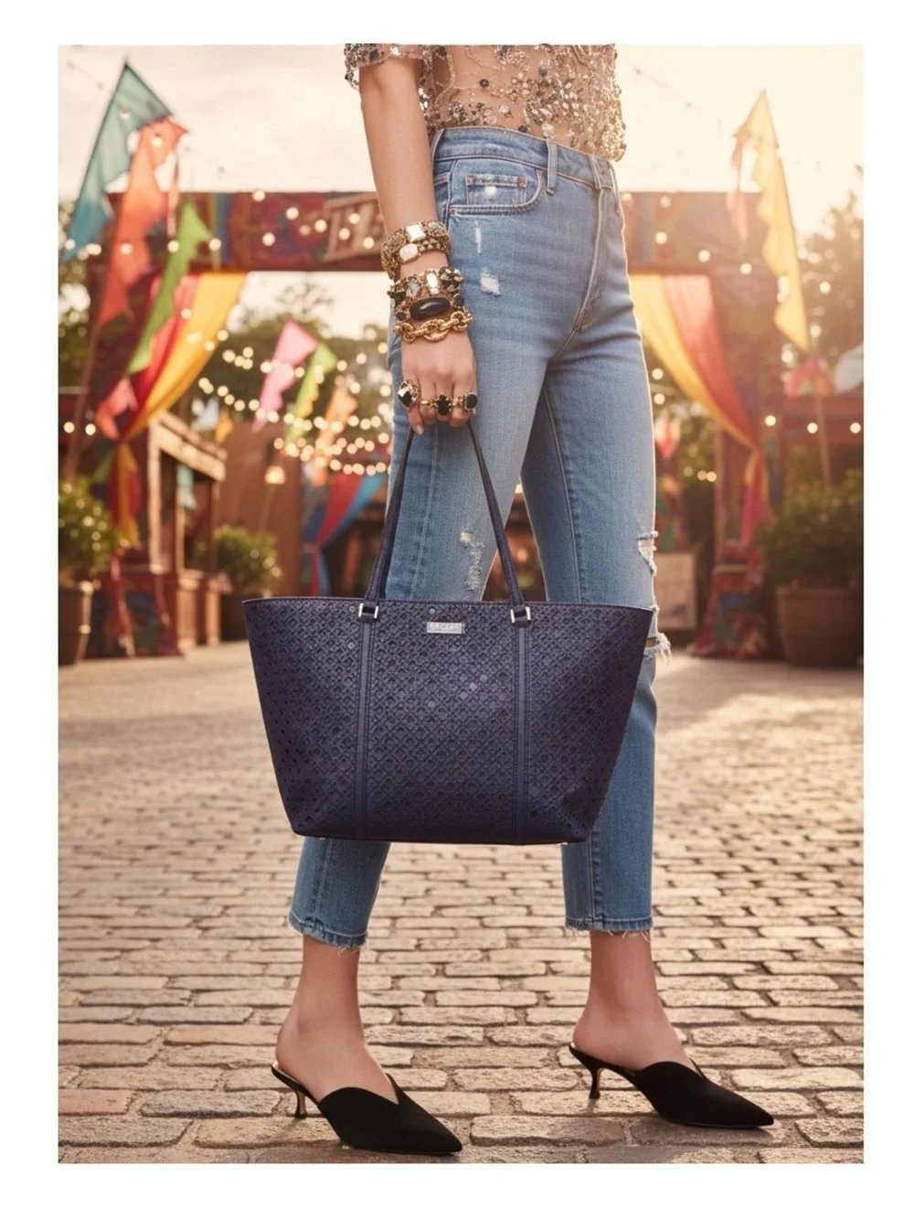 Kate Spade  Dally Newbury Lane Caining Large Tote Bag Handbag  French Navy 