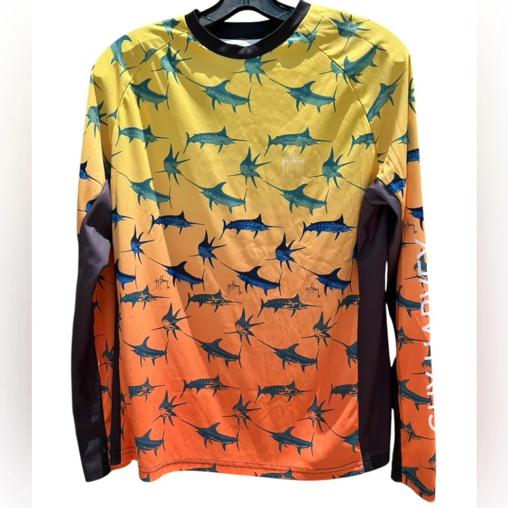 Guy Harvey Marlin Bimini Blast Orange Blue Long Sleeve Rash Guard Shirt Size S