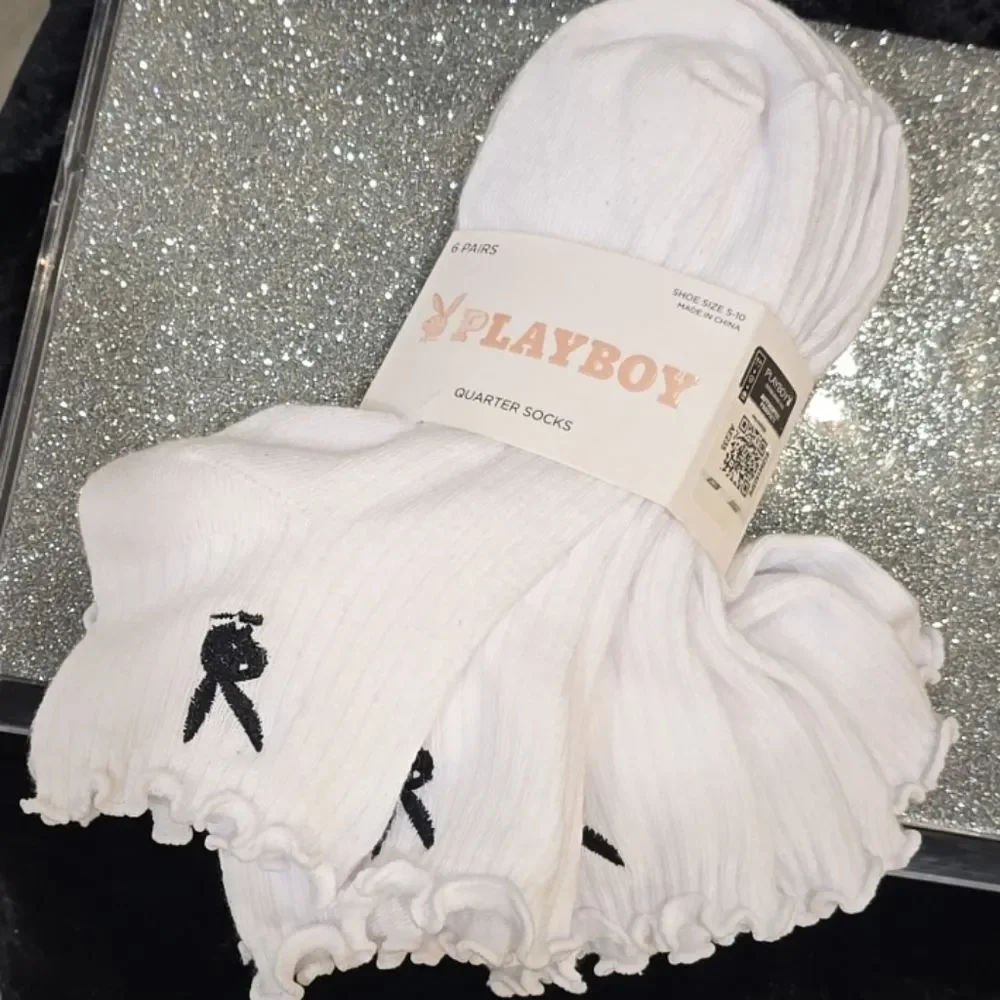 Playboy 6-PK Bunny Logo Ruffled Quarter Socks- White/Black