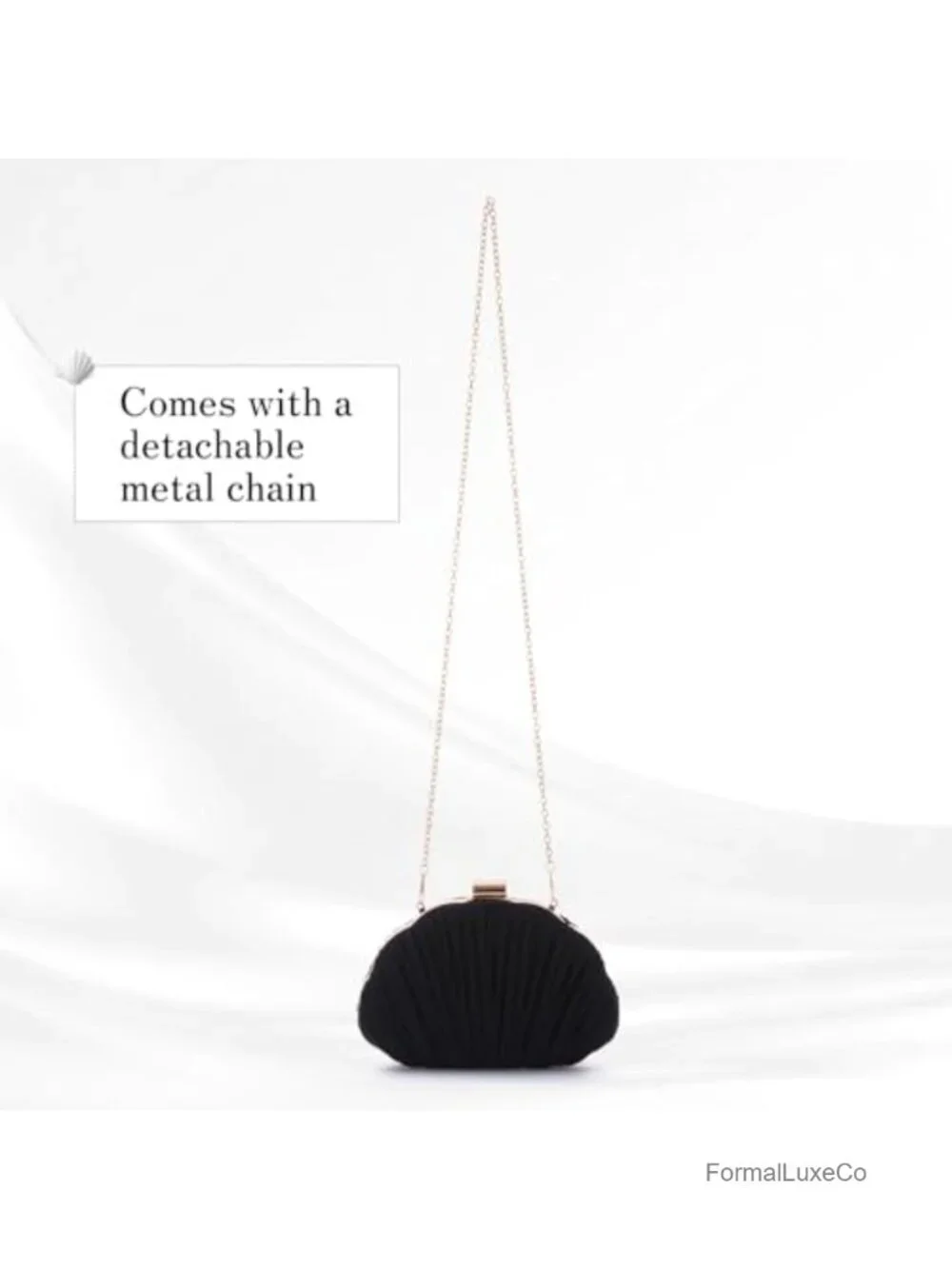 Satin Shell Ruched Clutch Purse with Chain - Evening Bag
