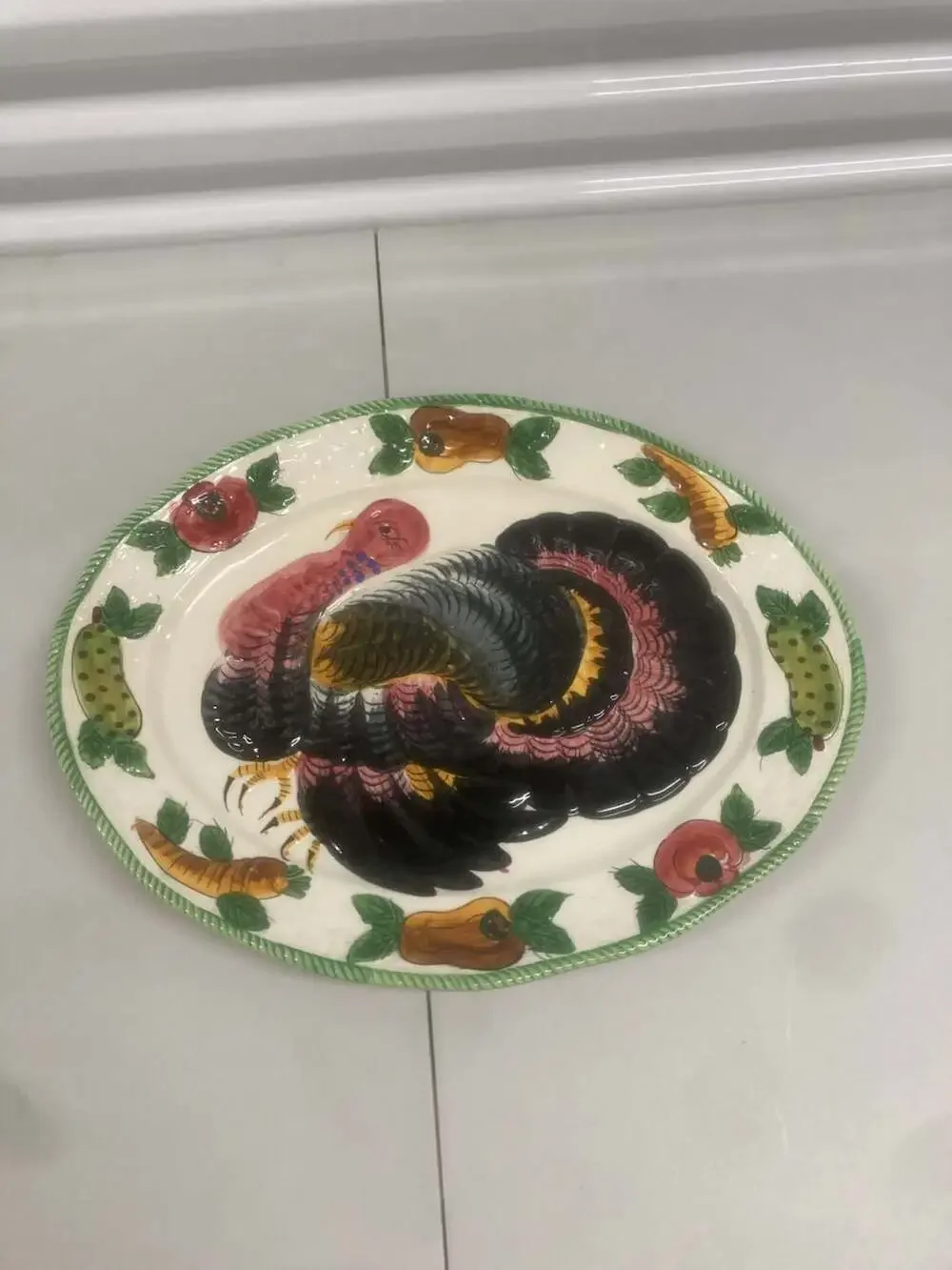 Vintage Hand-Painted Embossed Ceramic Turkey Thanksgiving Serving Platter