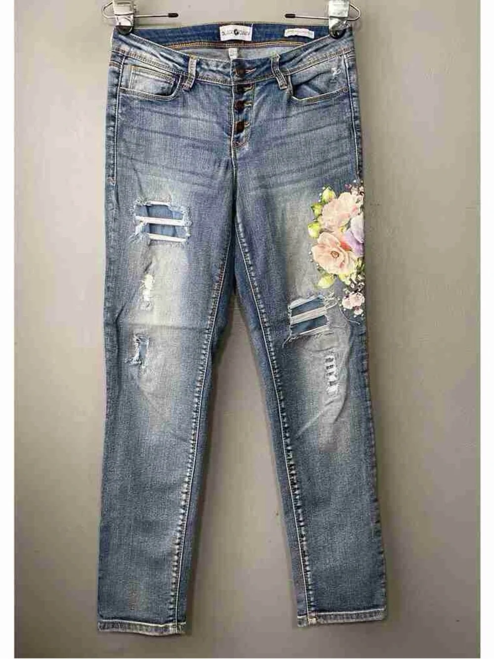 Daisy Blue Skinny Jeans with Pink Floral Accent