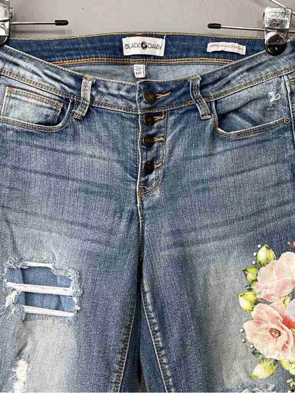 Daisy Blue Skinny Jeans with Pink Floral Accent