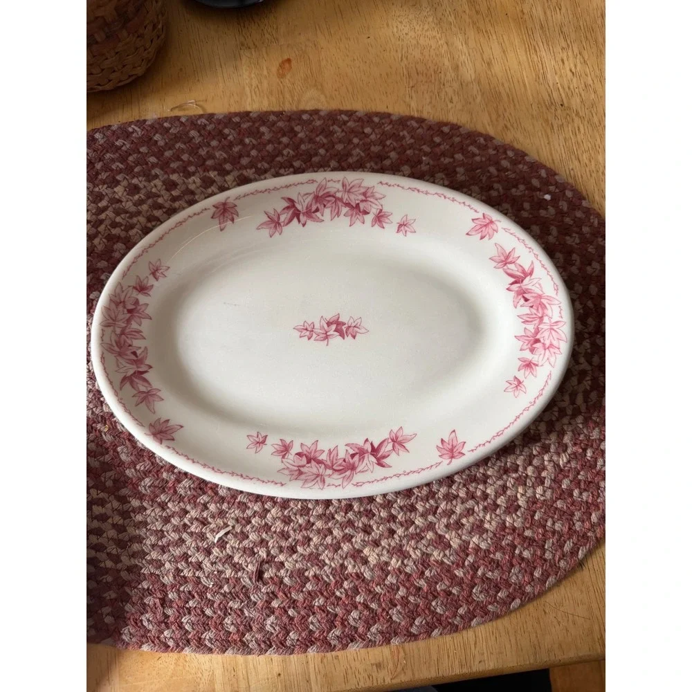 Shenango China Oval Platter Vintage Pink Leaf RimRol Cream‎ Platter