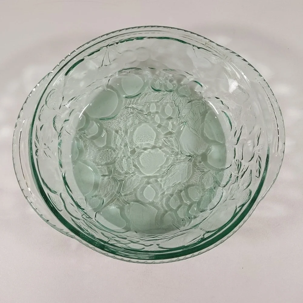 Vintage Libbey Orchard Fruit Round Casserole Dish‎ Clear Green Glass Oven Proof