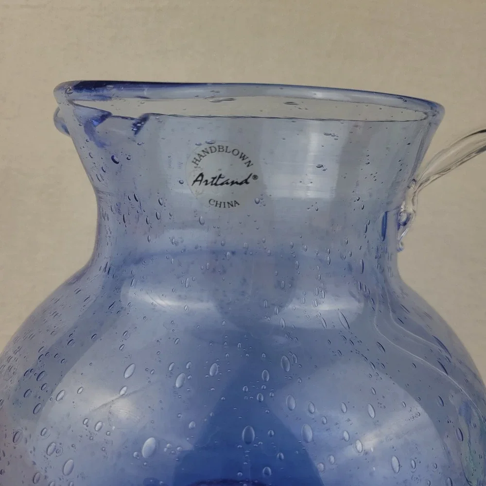 Artland Iris Blue Bubble Glass Pitcher Handblown Seeded Glass Round‎ 7