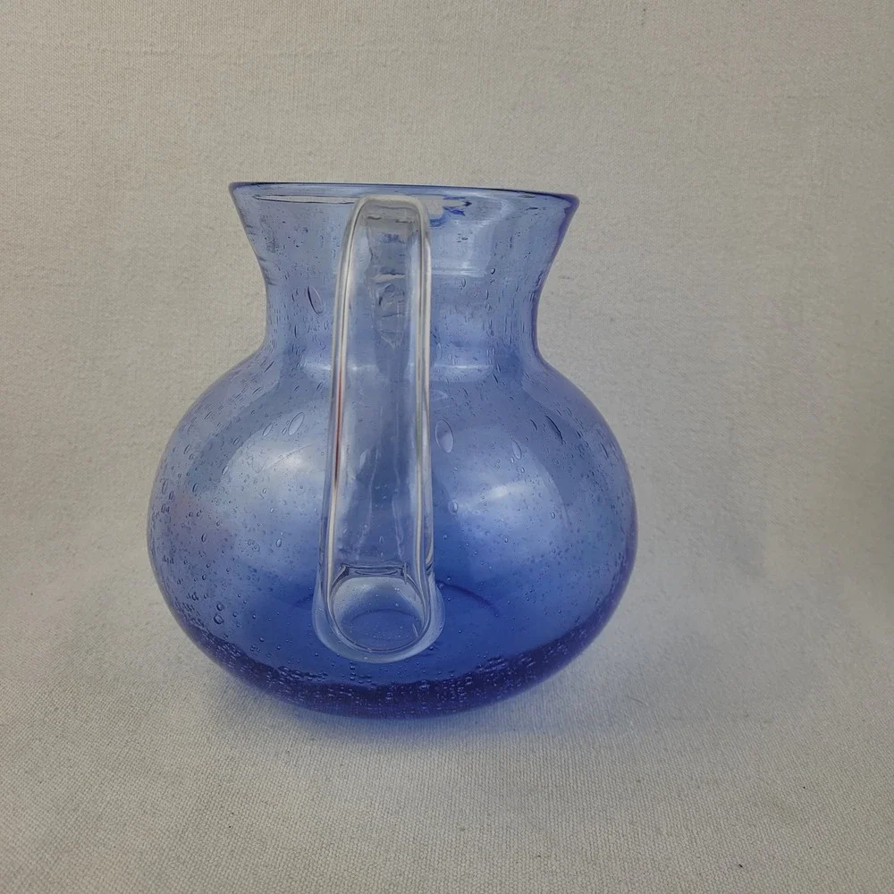 Artland Iris Blue Bubble Glass Pitcher Handblown Seeded Glass Round‎ 7