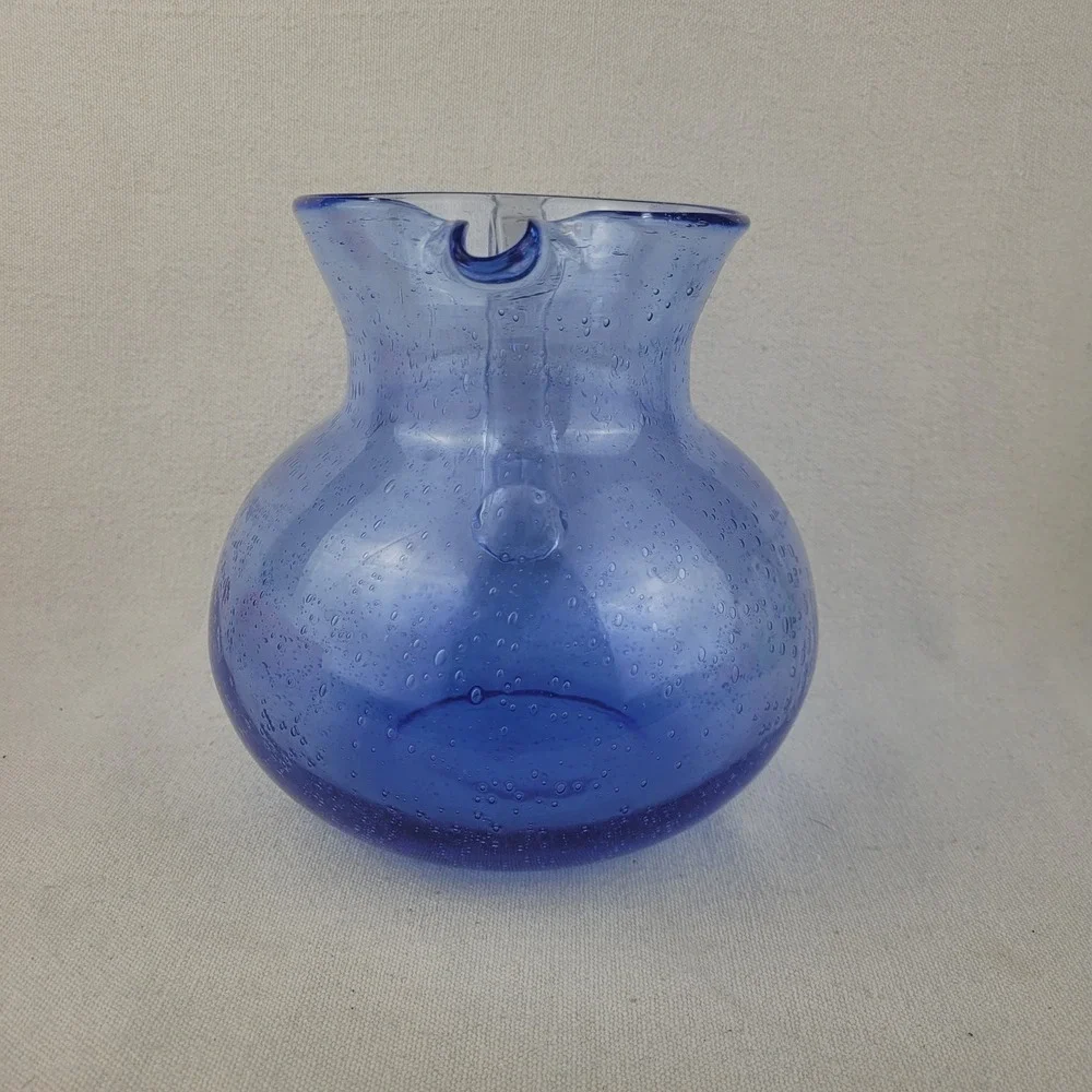 Artland Iris Blue Bubble Glass Pitcher Handblown Seeded Glass Round‎ 7