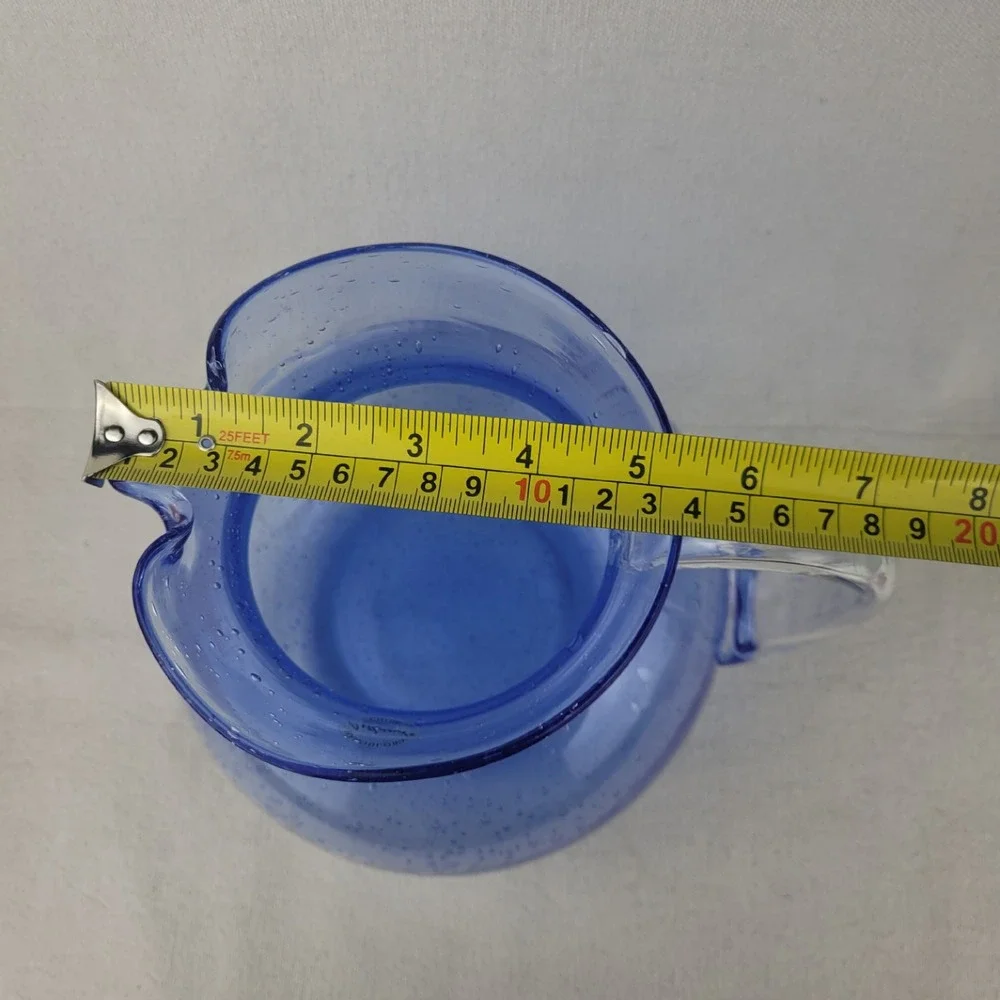 Artland Iris Blue Bubble Glass Pitcher Handblown Seeded Glass Round‎ 7