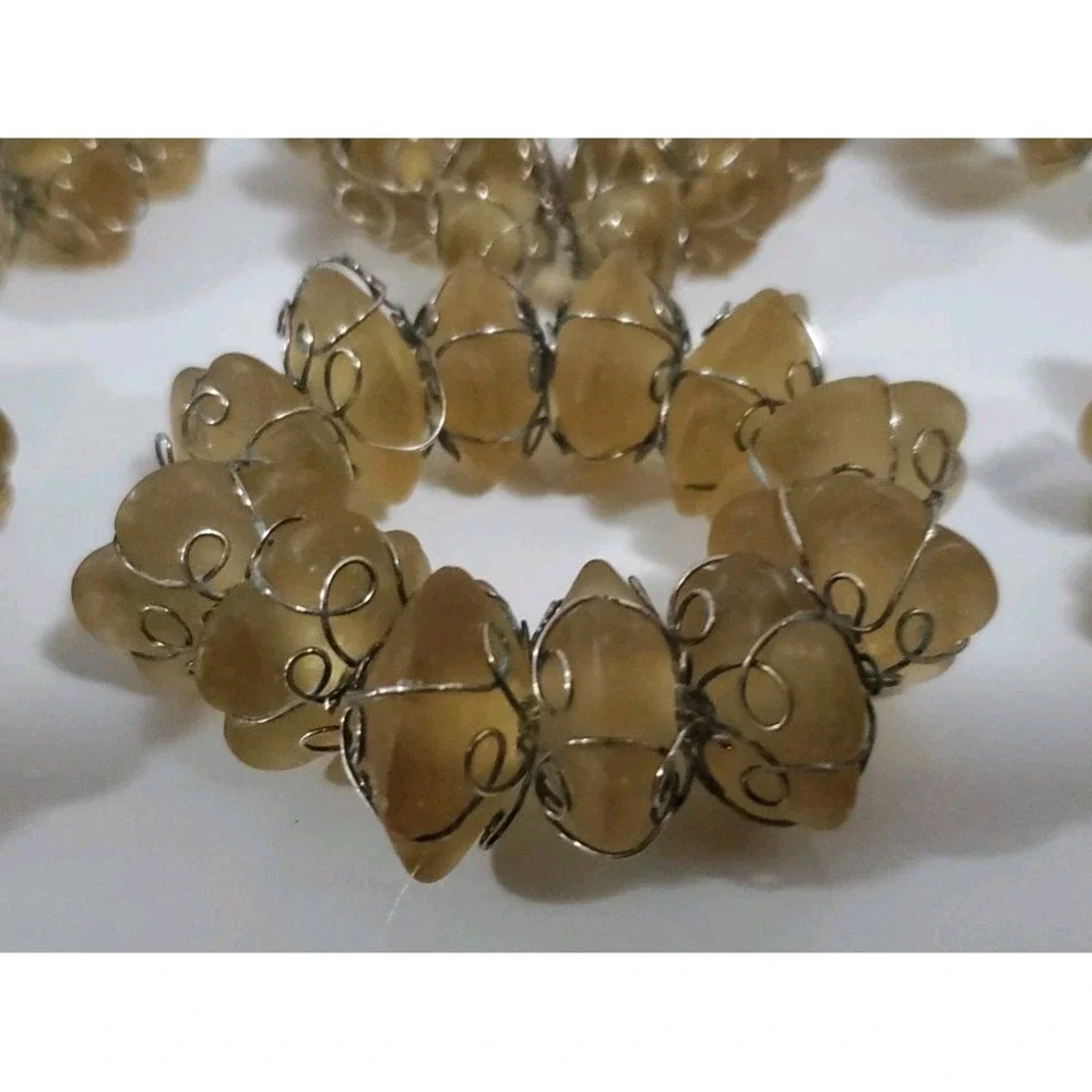 Vintage Yellow‎ Beige Stone and Wire Napkin Rings set of 8 Abstract Bohemian