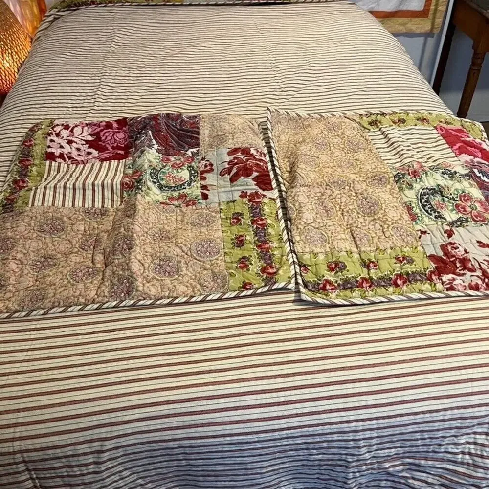 POTTERY BARN Quilt Cranberry Red Pink Patchwork Floral Reversible Stripe Queen